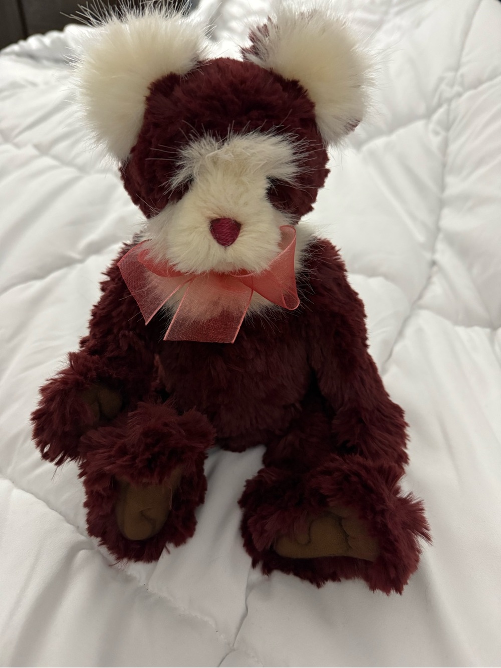 Burgundy & Cream Plush Small Pet Toy Bear with Ribbon